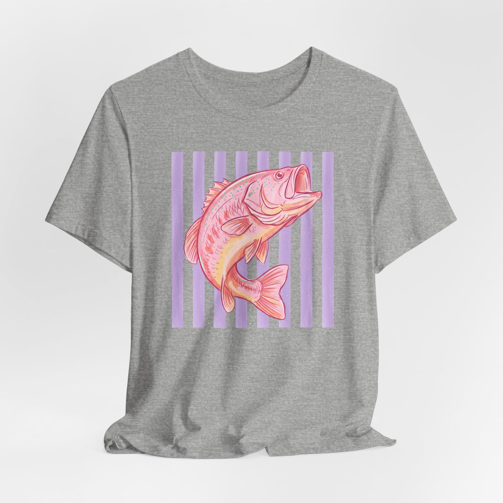 Pink Bass Fish Tee — Retro Striped Fishing T-Shirt