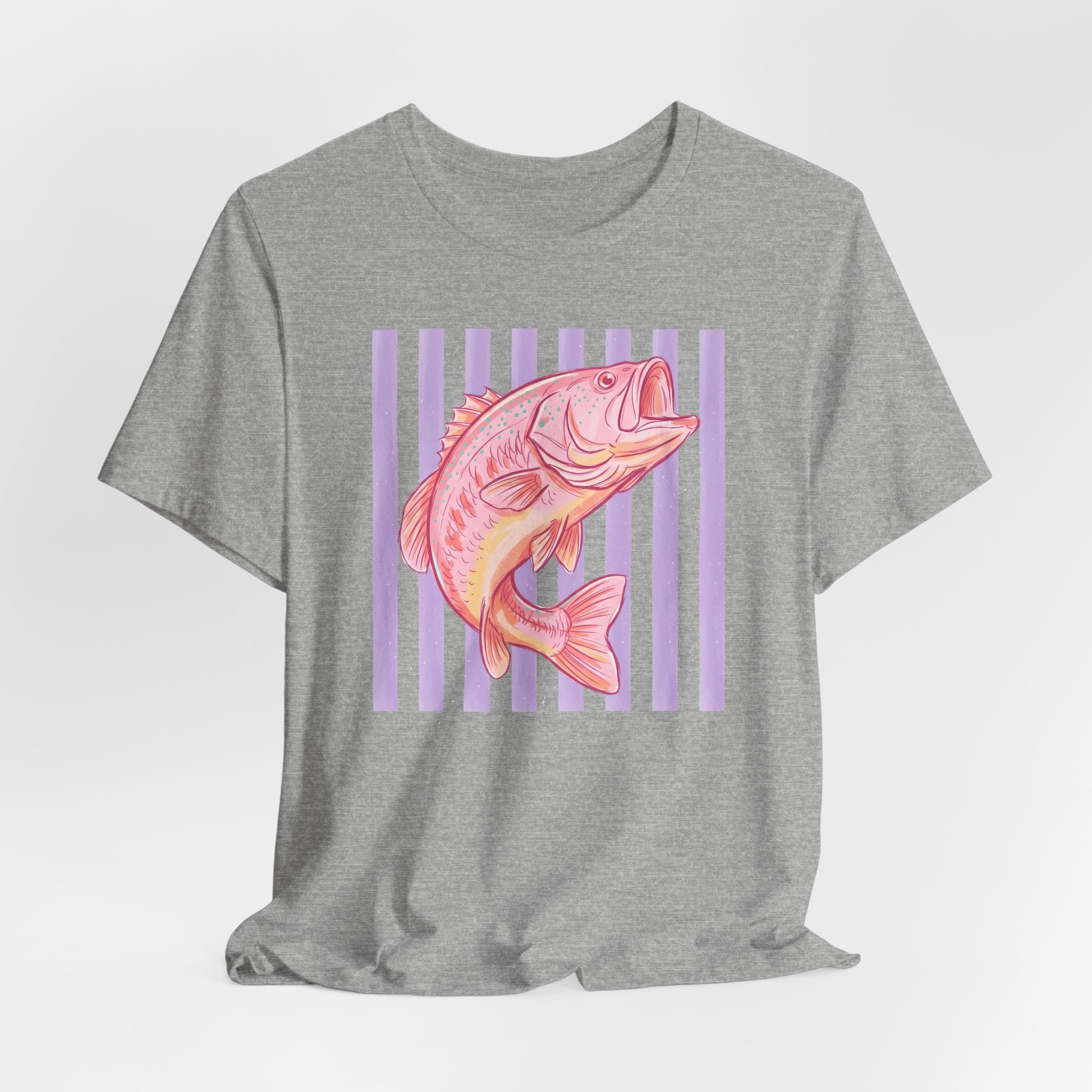 Pink Bass Fish Tee — Retro Striped Fishing T-Shirt