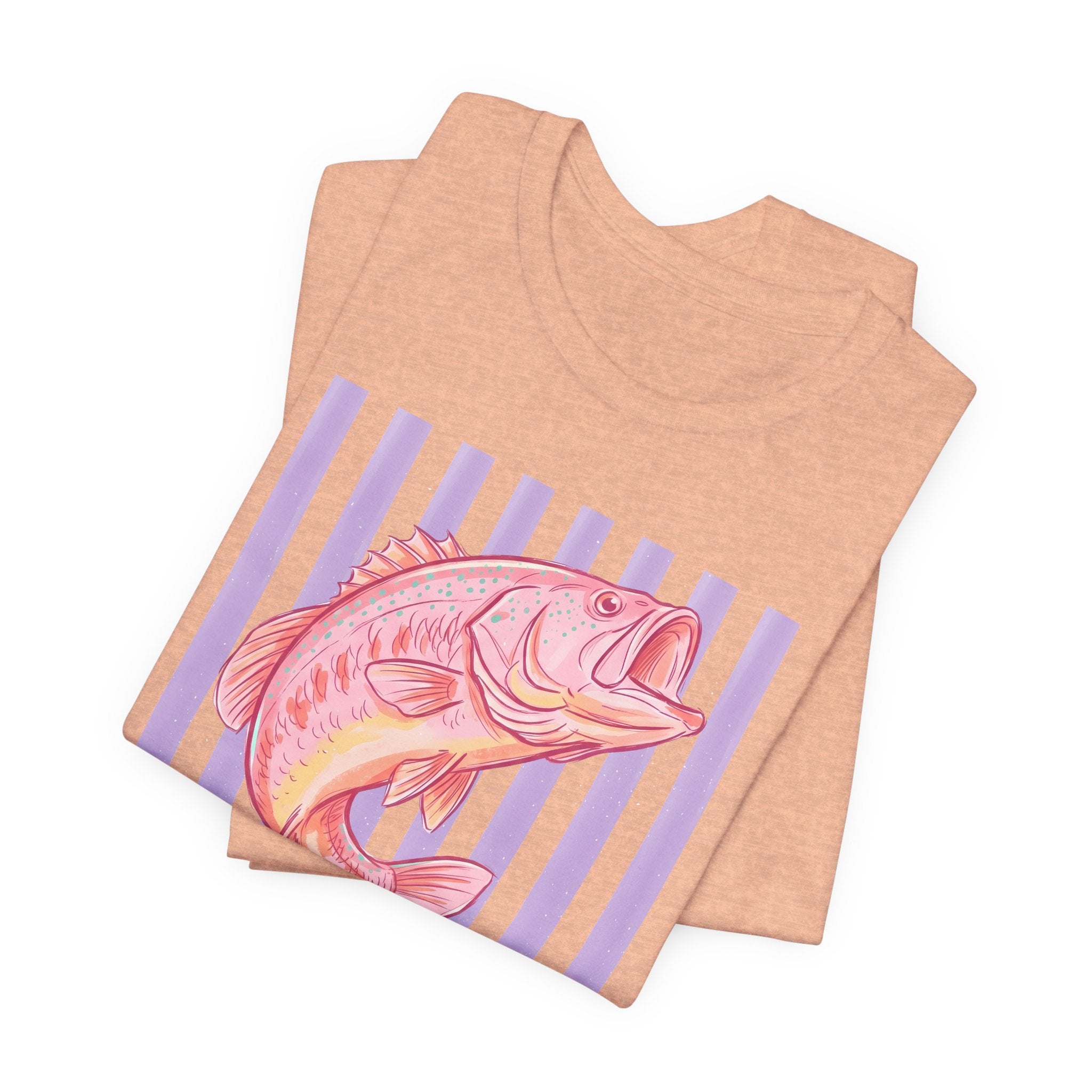 Pink Bass Fish Tee — Retro Striped Fishing T-Shirt