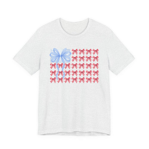Bow Flag T-Shirt — Blue Gift Bow with Red Ribbon Stars Patriotic Cute Tee