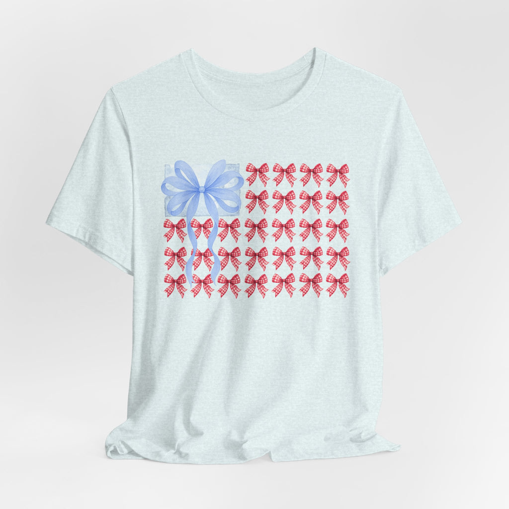 Bow Flag T-Shirt — Blue Gift Bow with Red Ribbon Stars Patriotic Cute Tee