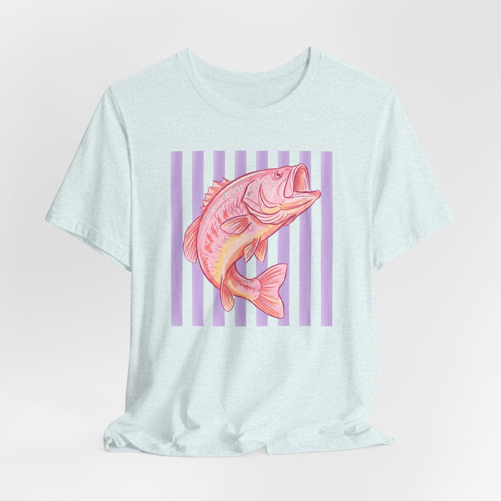 Pink Bass Fish Tee — Retro Striped Fishing T-Shirt