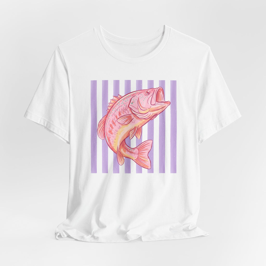 Pink Bass Fish Tee — Retro Striped Fishing T-Shirt
