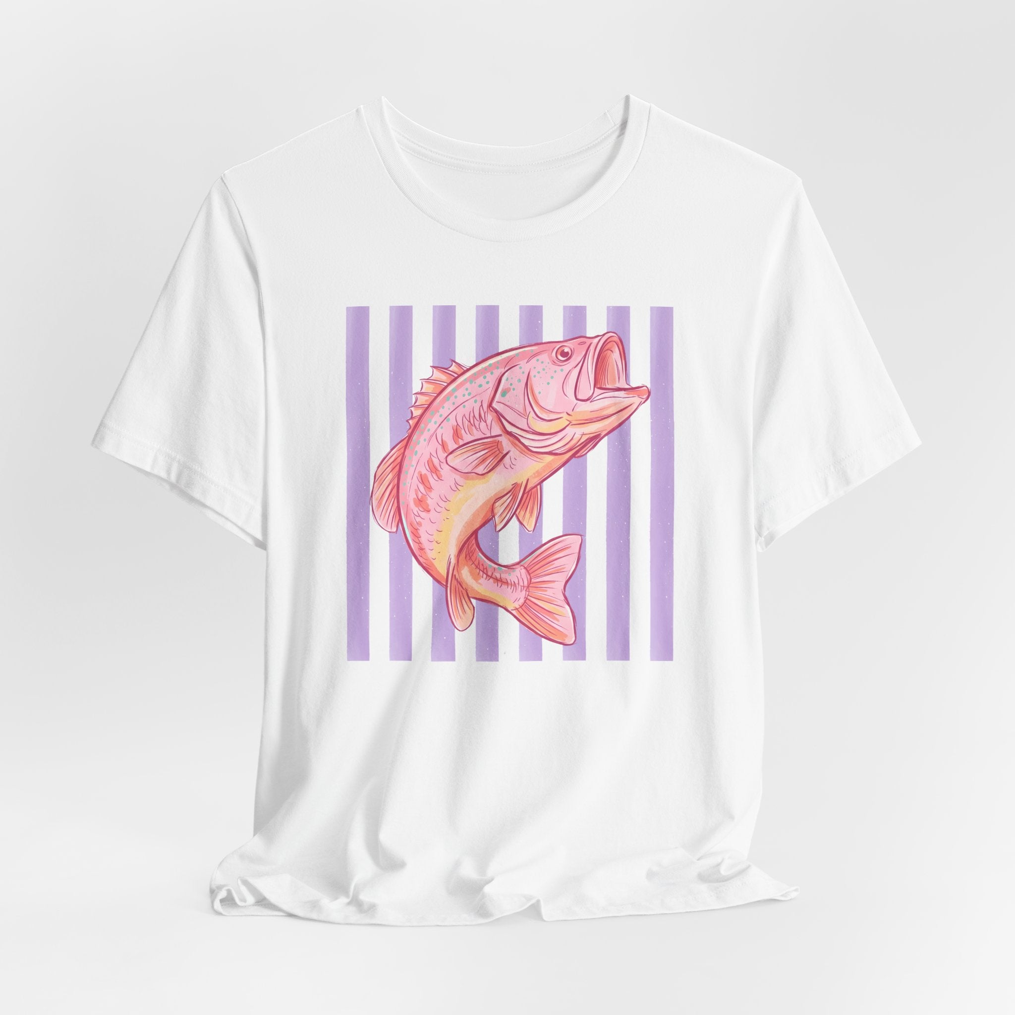 Pink Bass Fish Tee — Retro Striped Fishing T-Shirt