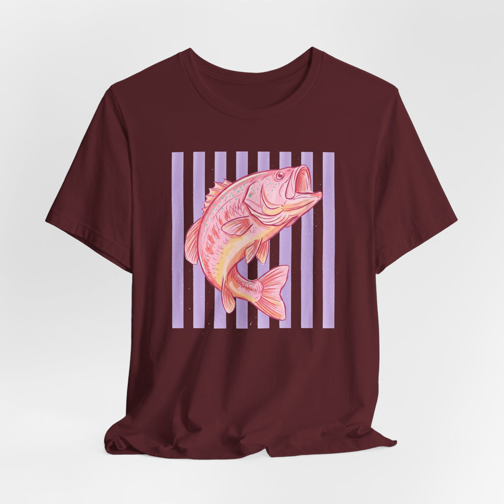 Pink Bass Fish Tee — Retro Striped Fishing T-Shirt