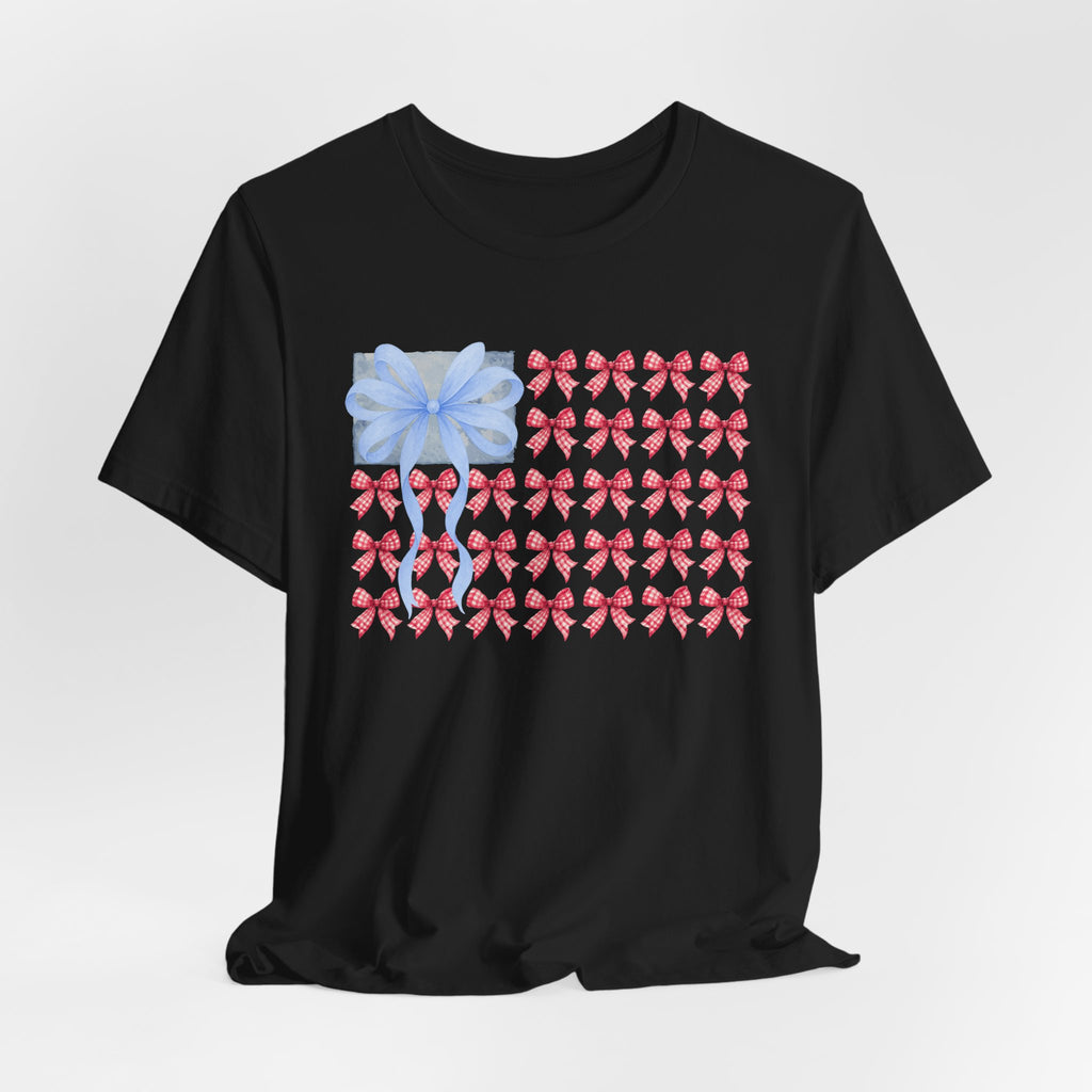 Bow Flag T-Shirt — Blue Gift Bow with Red Ribbon Stars Patriotic Cute Tee