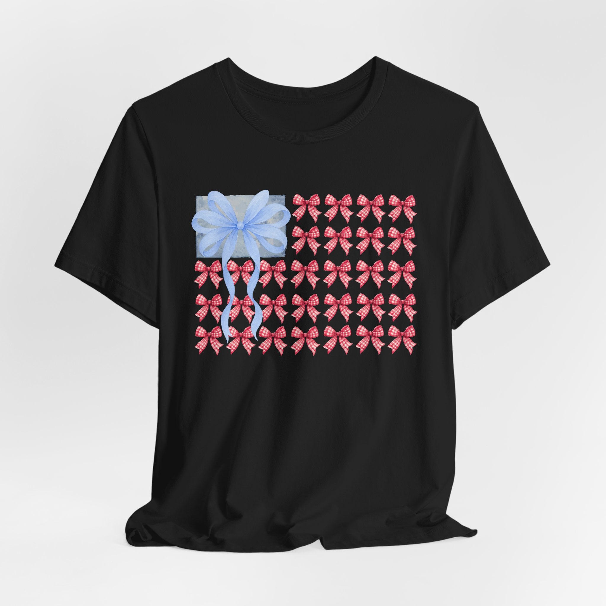 Bow Flag T-Shirt — Blue Gift Bow with Red Ribbon Stars Patriotic Cute Tee