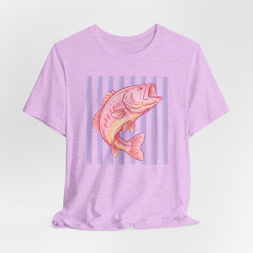 Pink Bass Fish Tee — Retro Striped Fishing T-Shirt