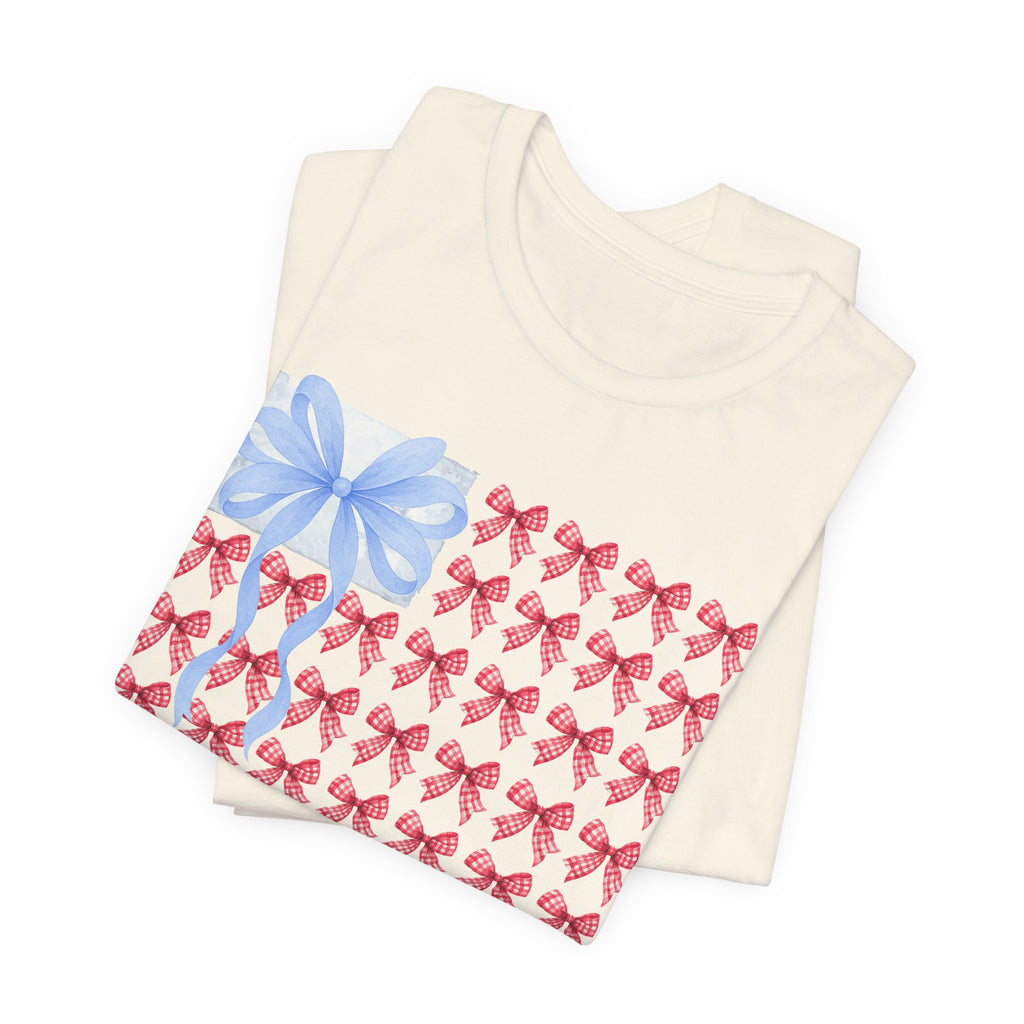 Bow Flag T-Shirt — Blue Gift Bow with Red Ribbon Stars Patriotic Cute Tee
