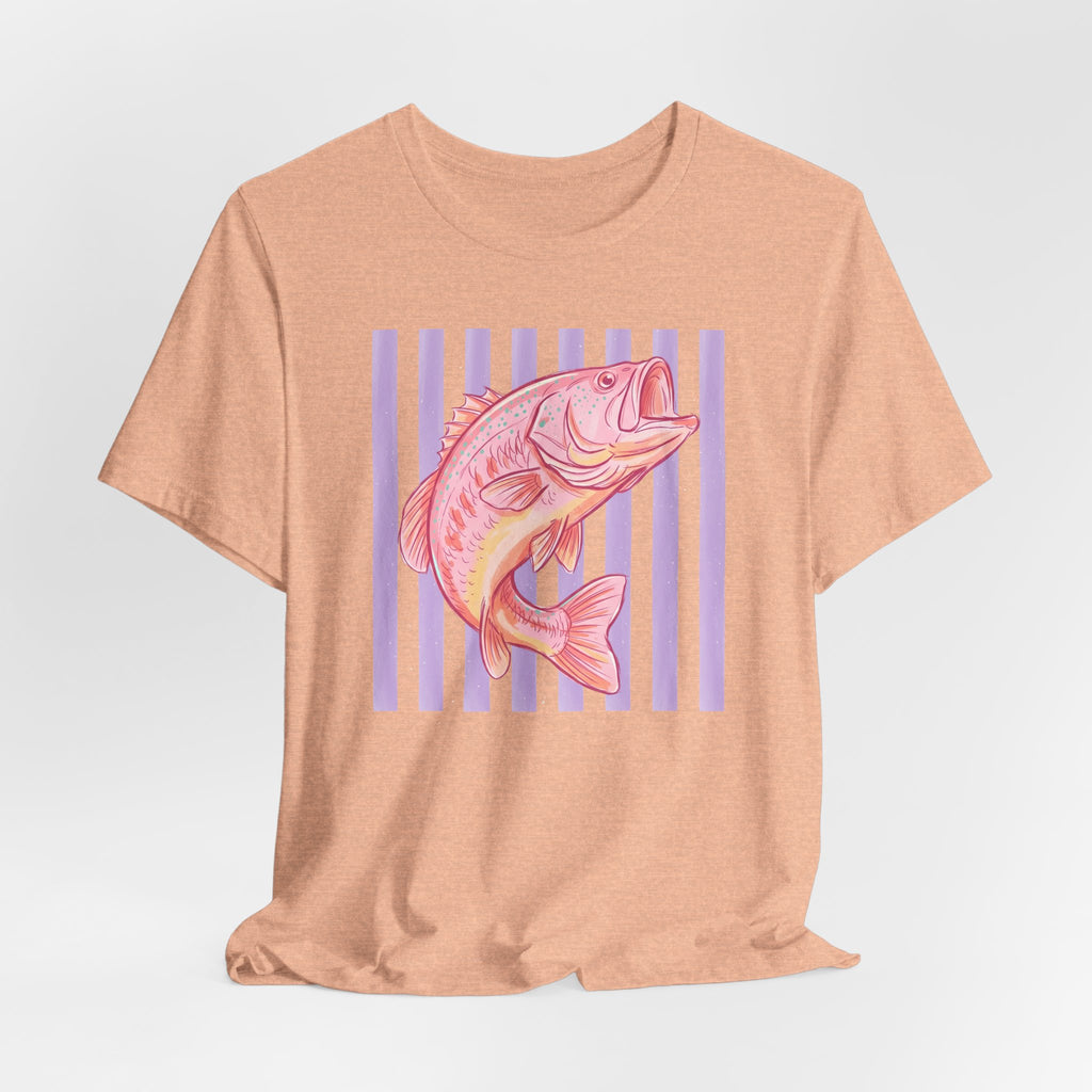 Pink Bass Fish Tee — Retro Striped Fishing T-Shirt