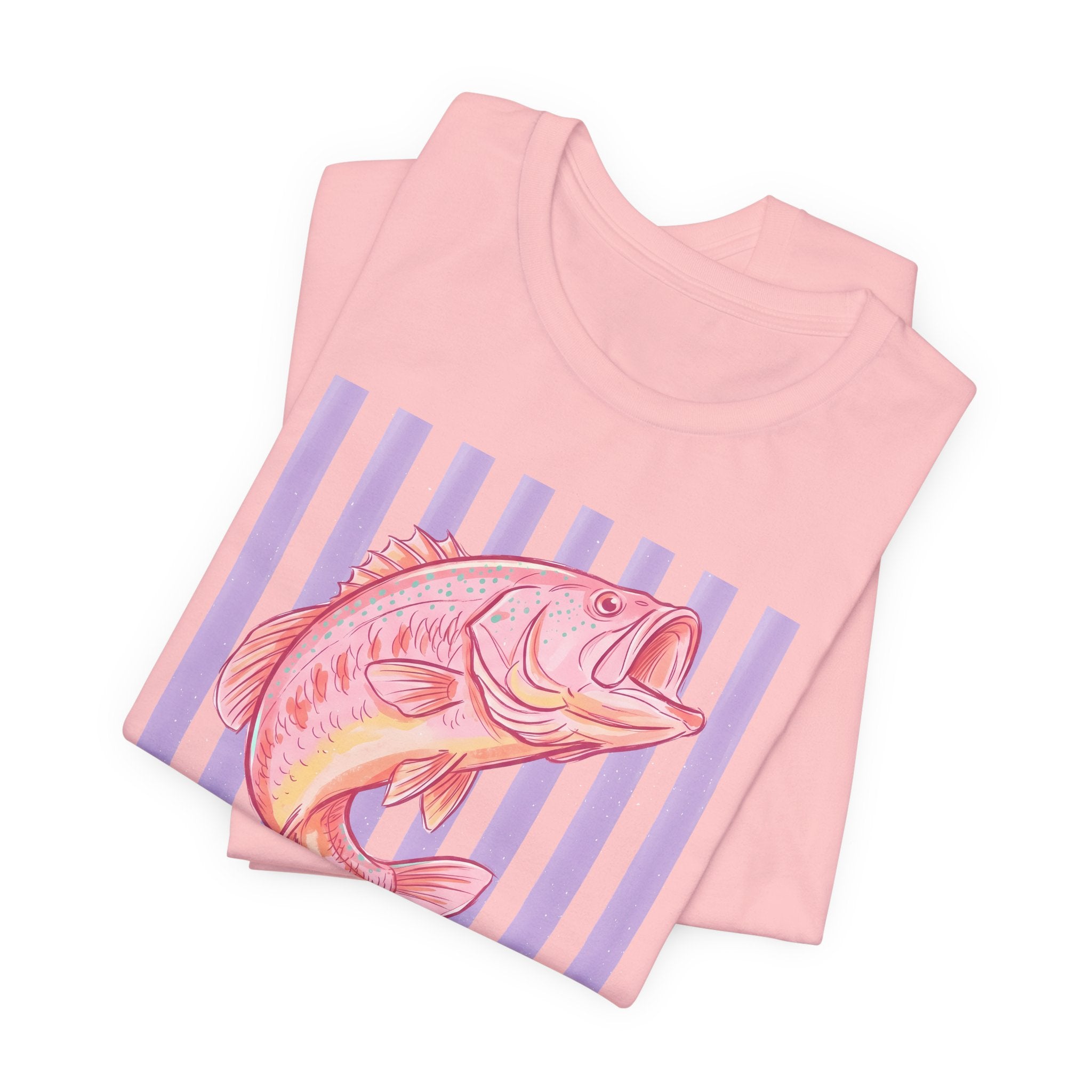Pink Bass Fish Tee — Retro Striped Fishing T-Shirt