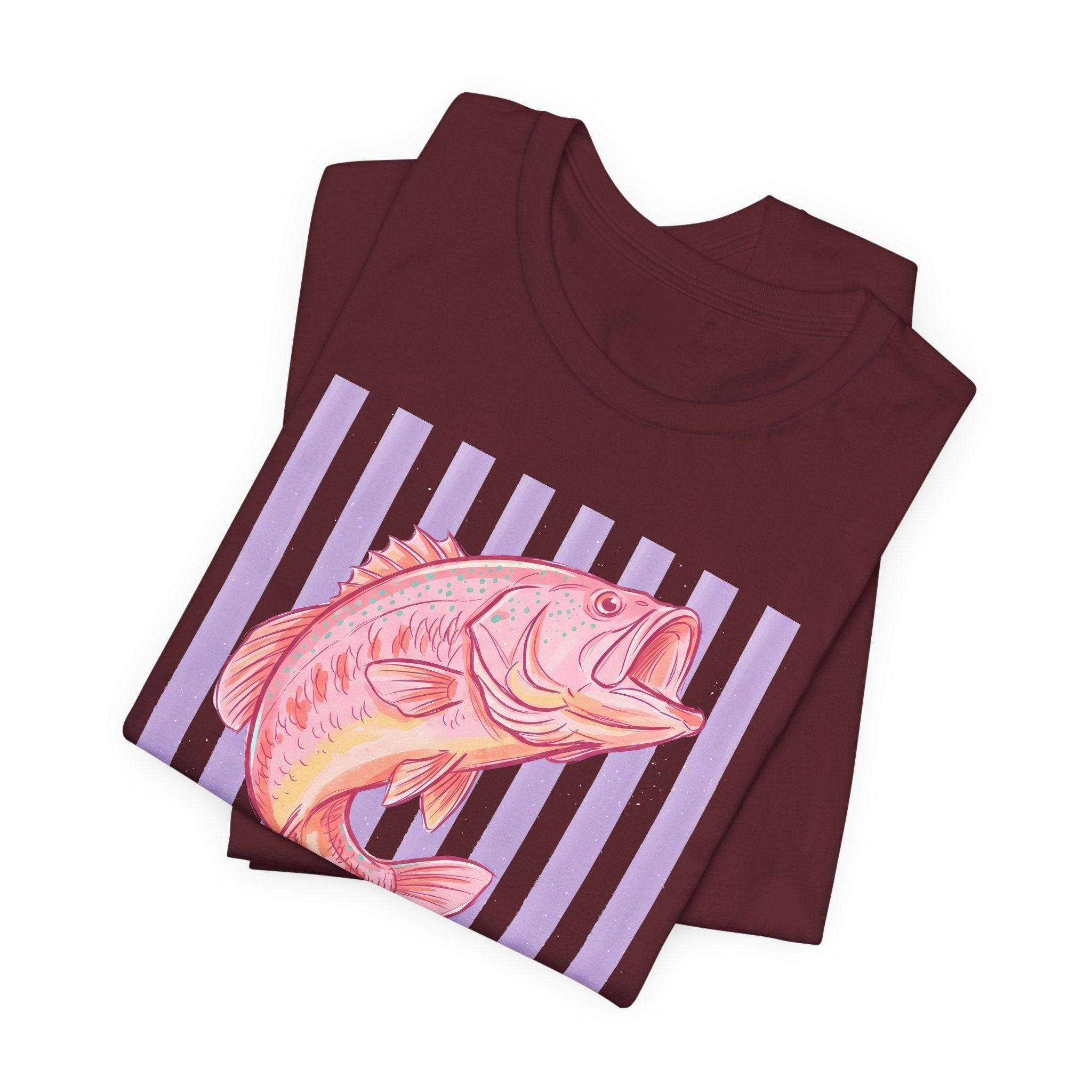 Pink Bass Fish Tee — Retro Striped Fishing T-Shirt
