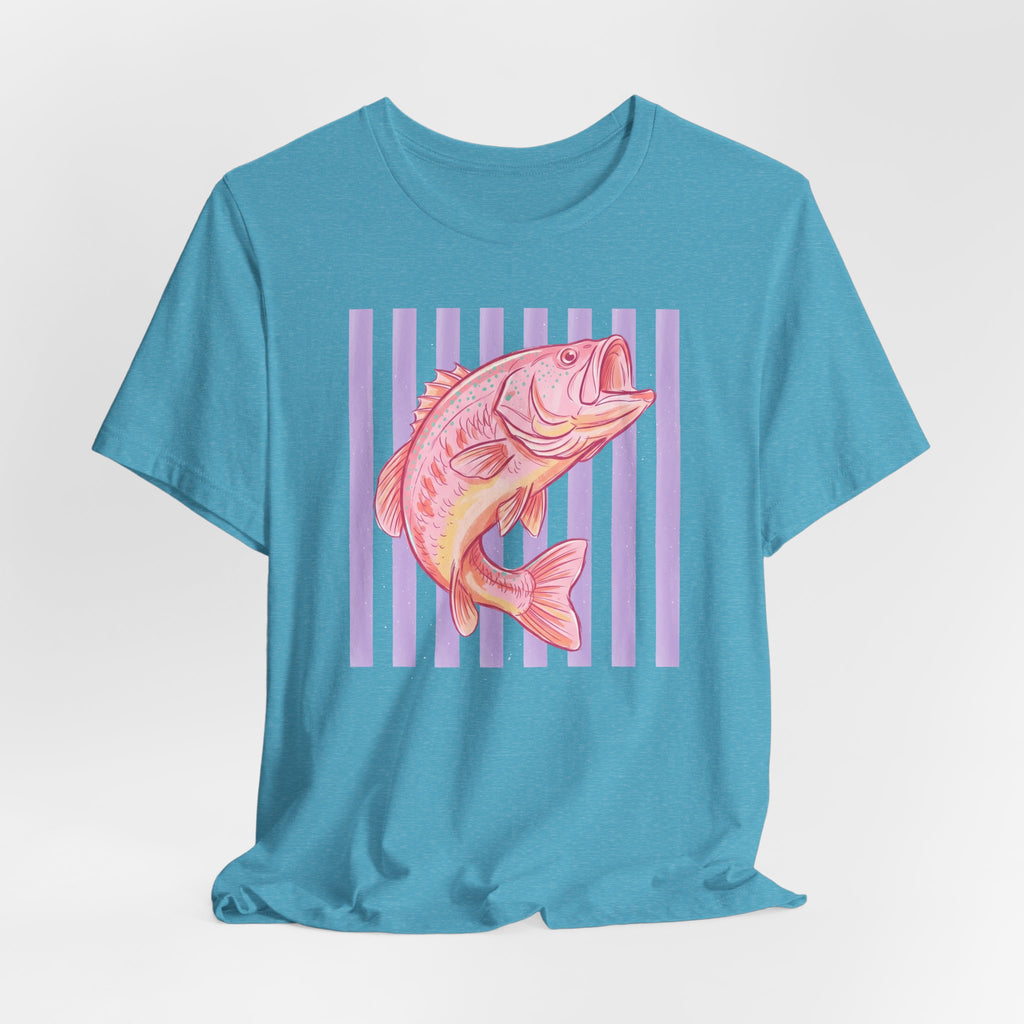 Pink Bass Fish Tee — Retro Striped Fishing T-Shirt