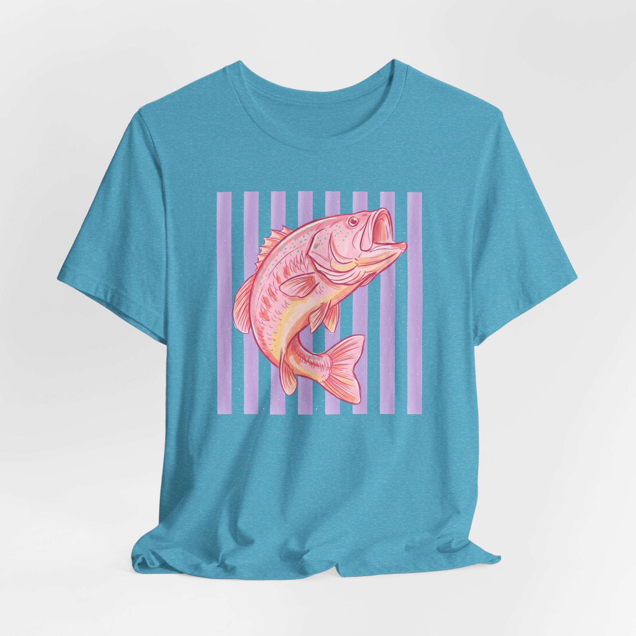 Pink Bass Fish Tee — Retro Striped Fishing T-Shirt